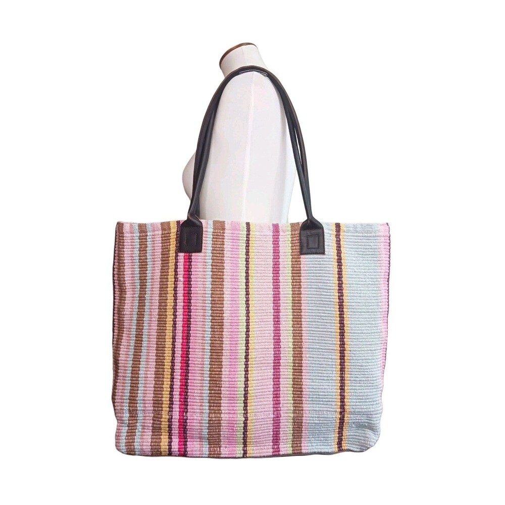 Dash & Albert Handwoven Rug Tote Shoulder Bag Striped Brown Pink Blue Boho Beach